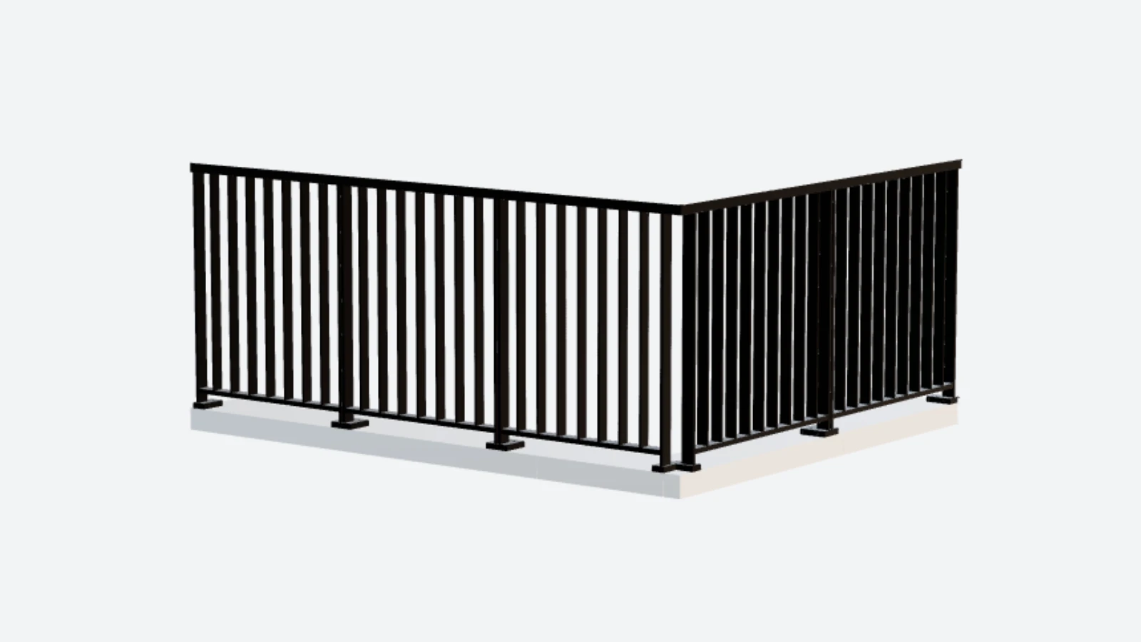 Rendering eines schwarzen Aluminium-Staketengeländers über Eck mit senkrechten Flachstäben und quadratischen Pfostenfüßen auf einer hellen Platte