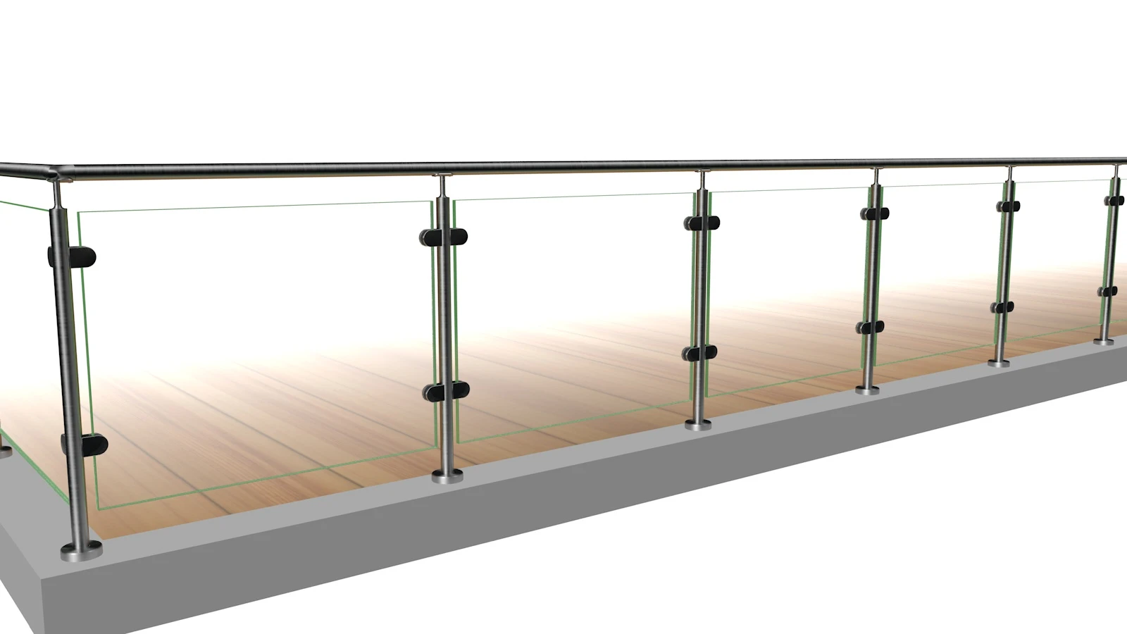Rendering von Edelstahlpfosten mit schwarzen Glasklemmen und Klarglasscheiben unter einem runden Handlauf, aufgeschraubt auf einer Betonkante