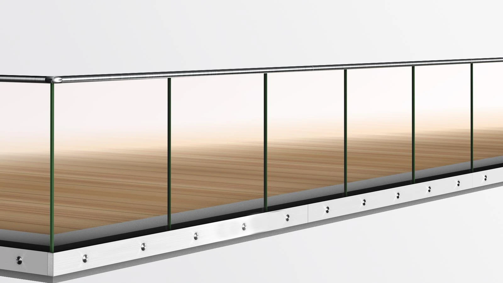 Rendering eines Ganzglasgeländers ohne Pfosten: Glasscheiben in einem seitlich verschraubten Aluminium-Bodenprofil, darüber ein runder Edelstahl-Handlauf